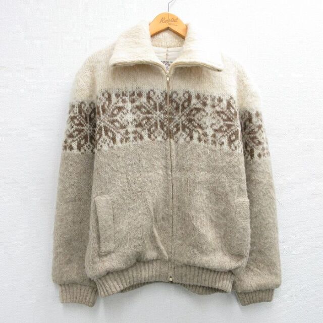 L★古着 長袖 フルジップ ニット カーディガン メンズ 90年代 90s 雪柄 ウール アイスランド製 ベージュ他【spe】 25dec04