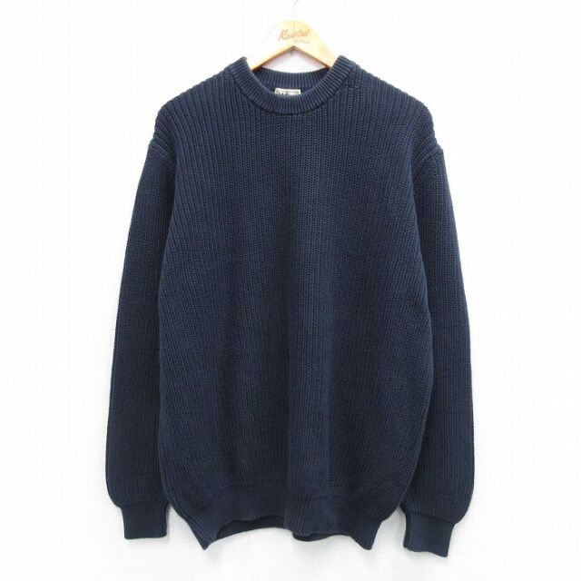 XL★古着 エルエルビーン 長袖 セーター メンズ 00年代 00s 無地 コットン クルーネック 紺 25dec04