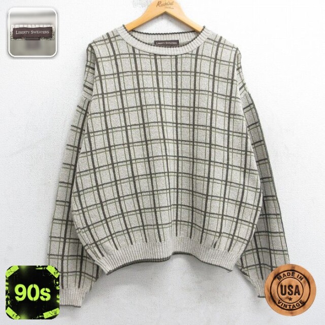 【50%OFF】90s 長袖セーター チェック ベージュ XL | 古着