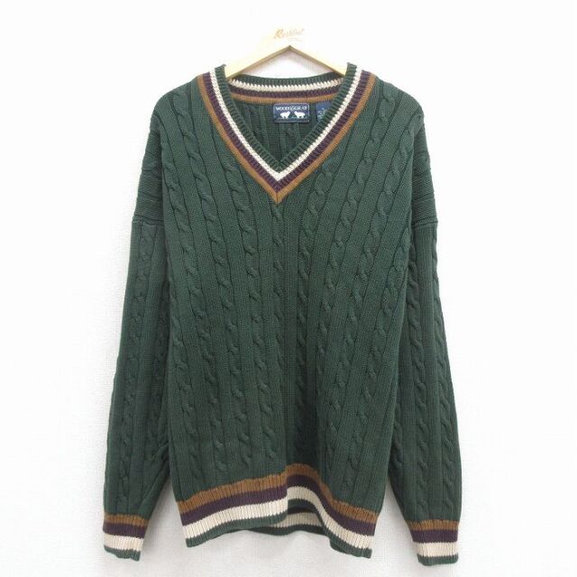 【20%OFF】XL★古着 長袖 ケーブル チルデン セーター メンズ 00年代 00s コットン クルーネック 緑他 25dec05