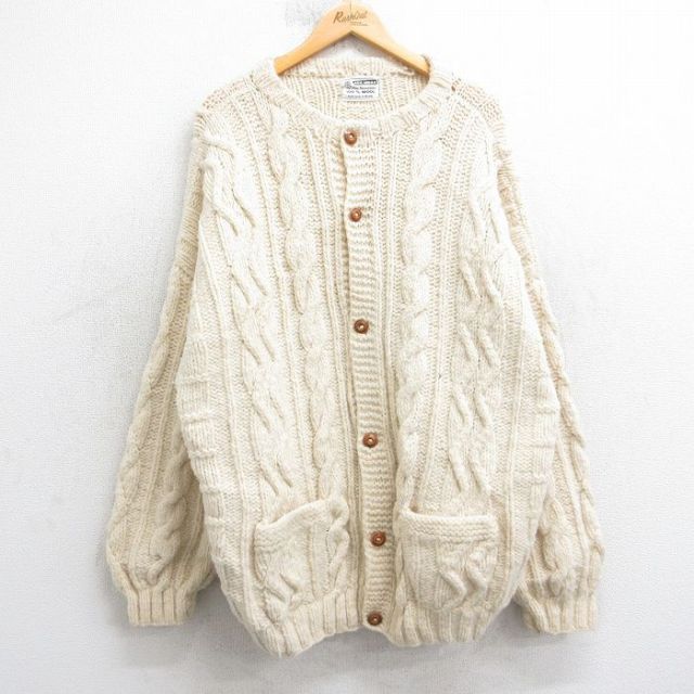 XL★古着 長袖 ケーブル ニット カーディガン メンズ 90年代 90s 手編み ハンドメイド 大きいサイズ ウール 生成り【spe】 25dec11