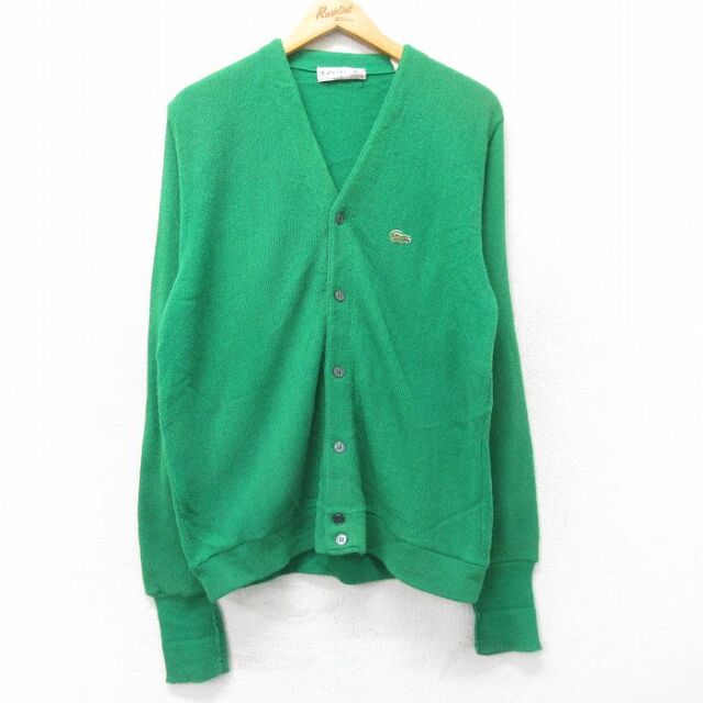 M★古着 ラコステ LACOSTE IZOD 長袖 ニット カーディガン メンズ 70年代 70s ワンポイントロゴ USA製 緑 25dec12
