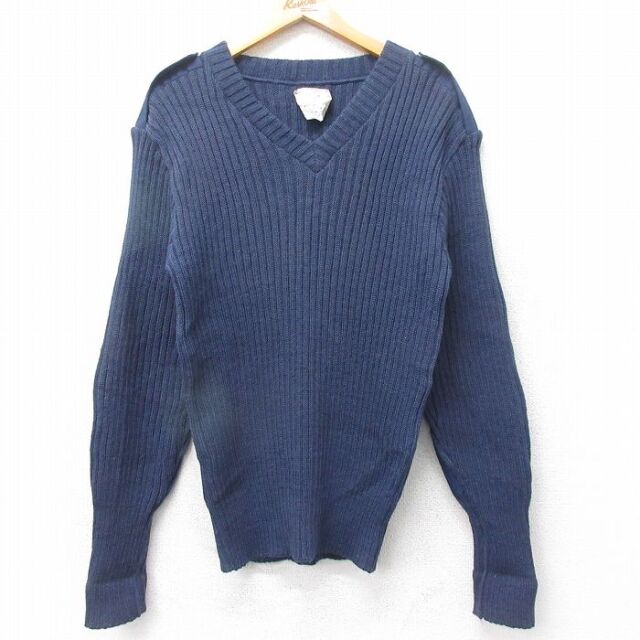 L★古着 長袖コマンド  セーター メンズ 80年代 80s ミリタリー ヒジ当て ウール Vネック イングランド製 紺 25dec12