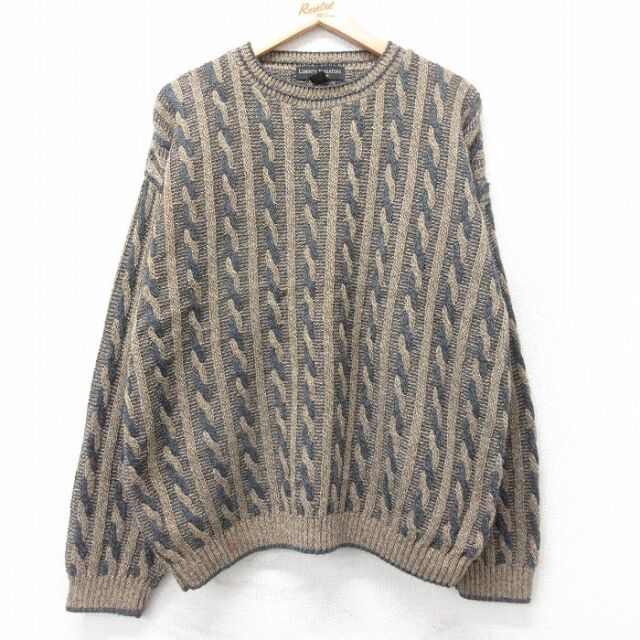 XL★古着 長袖 ケーブル セーター メンズ 90年代 90s 大きいサイズ クルーネック USA製 茶他 25dec13