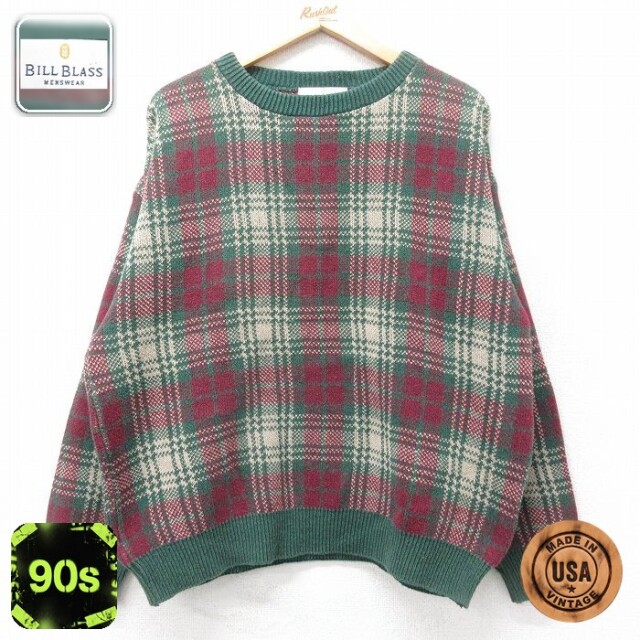 【50%OFF】90s 長袖セーター チェック グリーン L | 古着