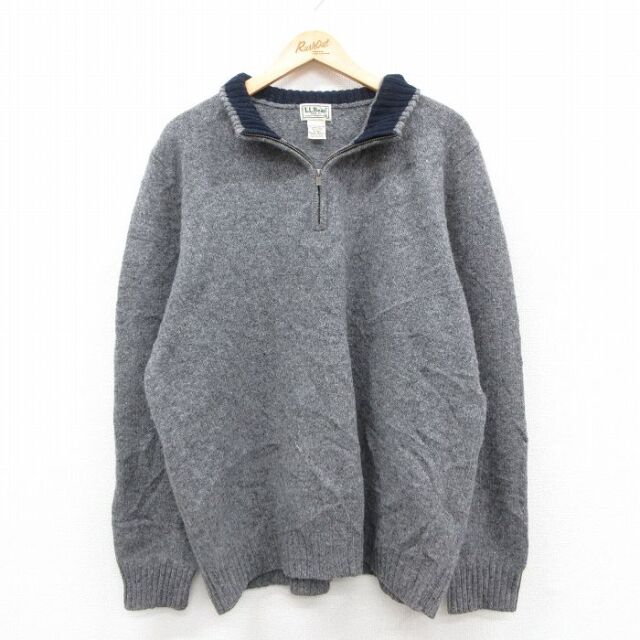 XL★古着 エルエルビーン 長袖 ハーフジップ セーター メンズ 00年代 00s ヒジ当て シェットランドウール  グレー 25dec13
