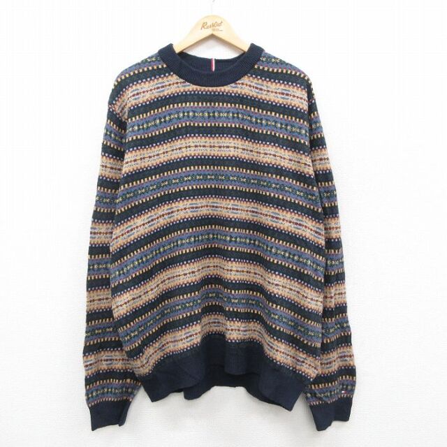 XL★古着 トミーヒルフィガー 長袖 ブランド セーター メンズ 大きいサイズ クルーネック 紺他 25dec13