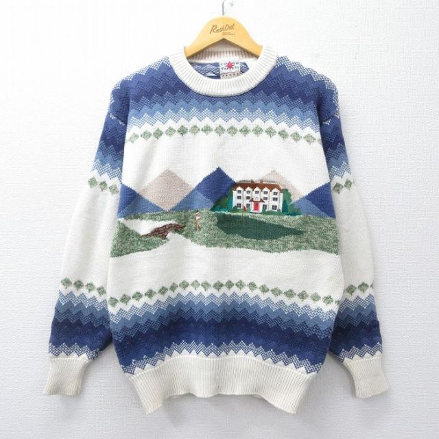 90s 長袖セーター ゴルフ刺繍 ホワイト M | 古着