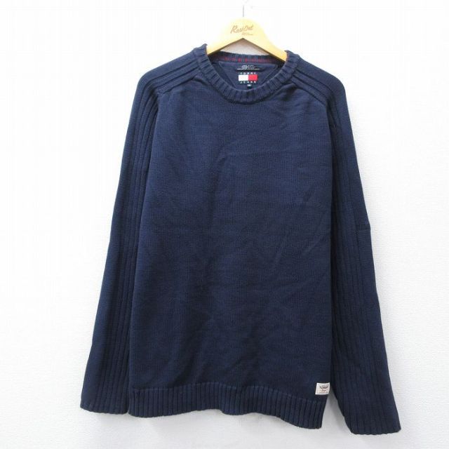 XL★古着 トミーヒルフィガー 長袖 ブランド セーター メンズ 90年代 90s 大きいサイズ コットン クルーネック 紺 25dec16
