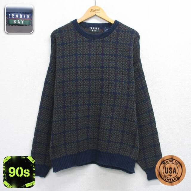 【50%OFF】TRADER BAY 90s 長袖セーター チェック ネイビー XL | 古着