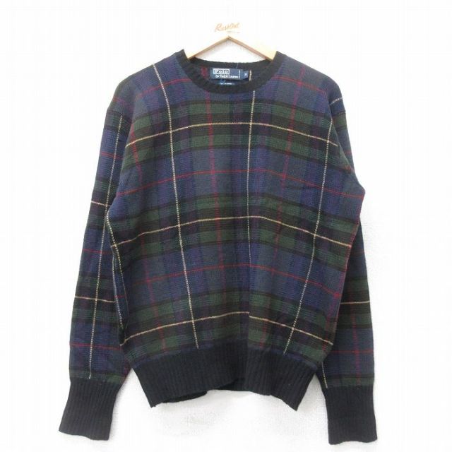 M★古着 ラルフローレン 長袖 ブランド セーター メンズ 90年代 90s カシミア カシミヤ ラムウール クルーネック 紺他 チェック【spe】 25dec18