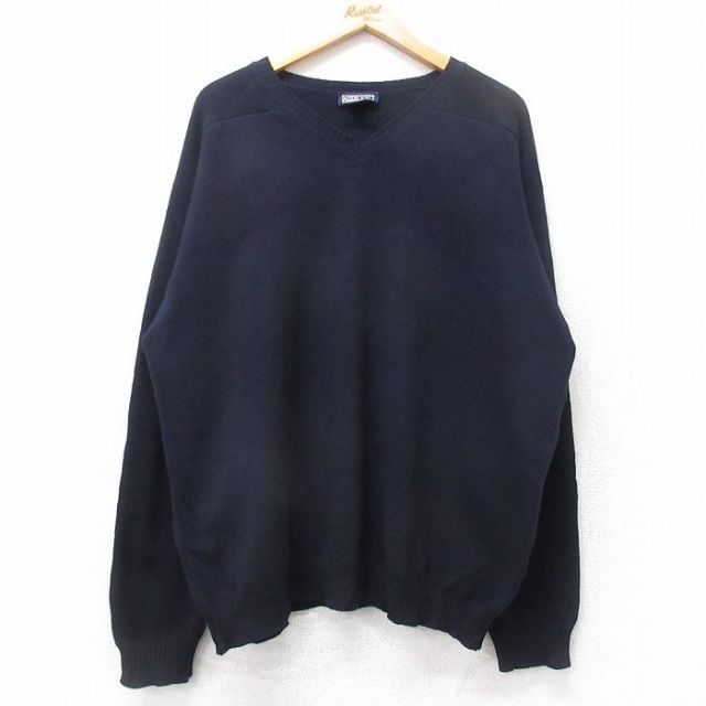 XL★古着 ランズエンド 長袖 セーター メンズ 00年代 00s ウール Vネック スコットランド製 紺 25dec18