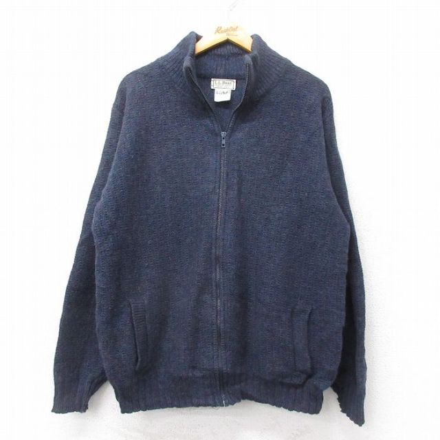 L★古着 エルエルビーン 長袖 フルジップ ドライバーズ ニット カーディガン メンズ 80年代 80s ウール USA製 紺他 25dec18