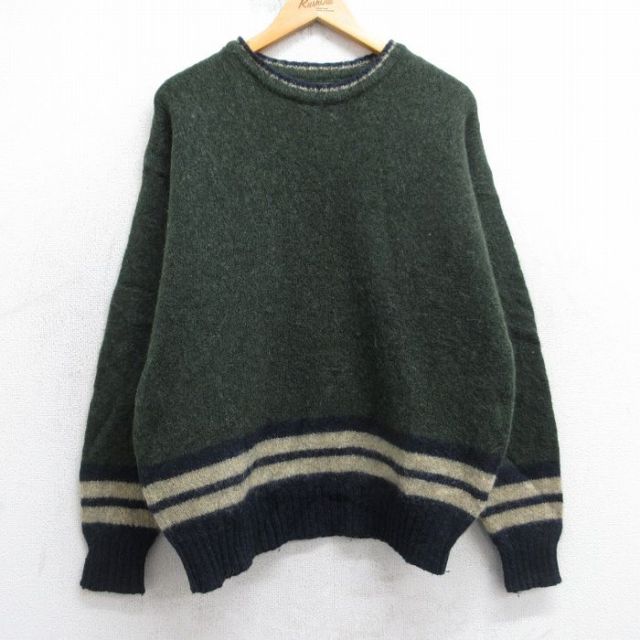 M★古着 長袖 セーター メンズ 90年代 90s ウール クルーネック USA製 濃緑 25dec20