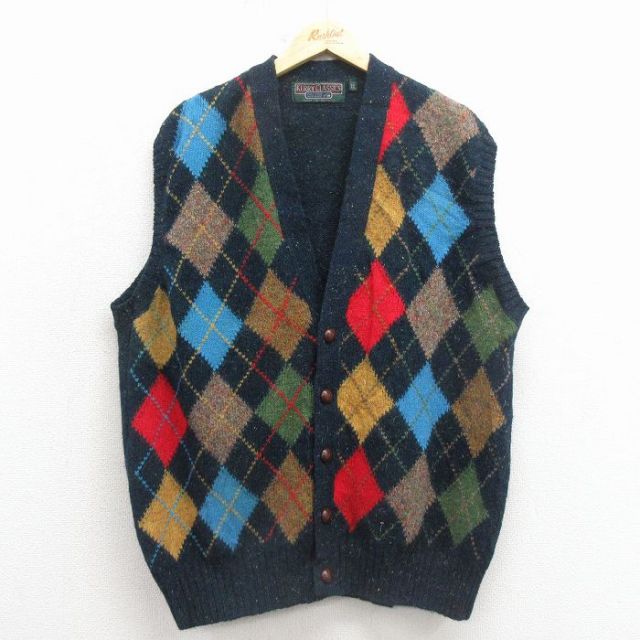 XL★古着 ニット ベスト メンズ 90年代 90s アーガイル ウール アイルランド製 紺【spe】 25dec18