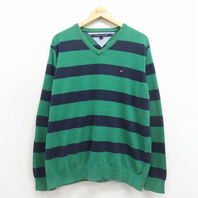 【20%OFF】トミーヒルフィガー 長袖セーター ワンポイントロゴ グリーンボーダー L | 古着