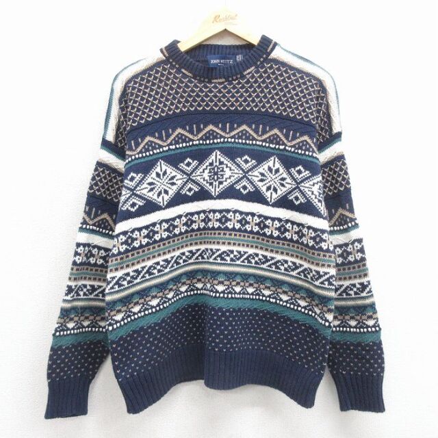 ノルディック 90s 長袖セーター 雪柄 ネイビー M | 古着