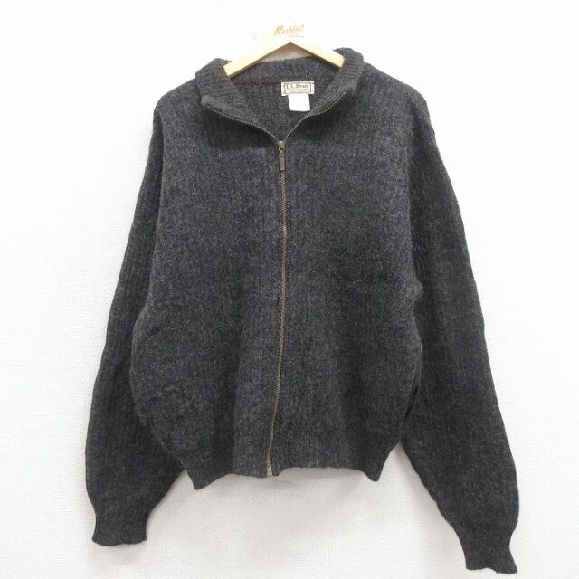 XL★古着 エルエルビーン 長袖 フルジップ ニット カーディガン メンズ 90年代 90s 無地 USA製 グレー 25dec19
