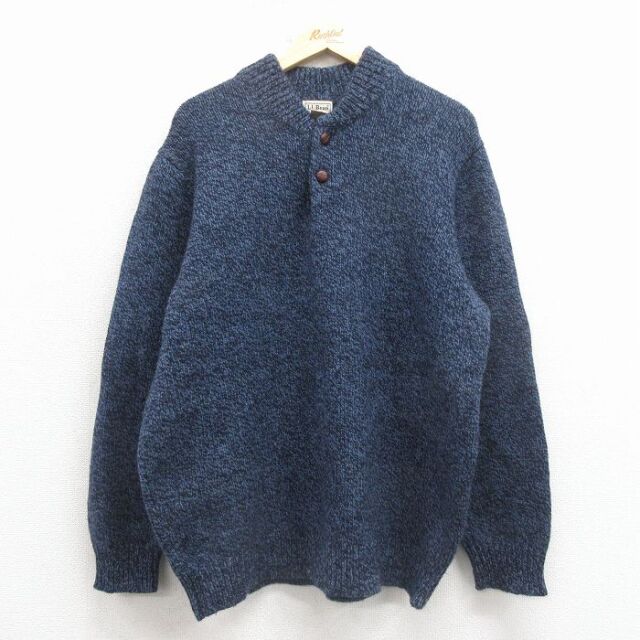 XL★古着 エルエルビーン 長袖 セーター メンズ 00年代 00s 無地 ラムウール ヘンリーネック 紺 霜降り 25dec19