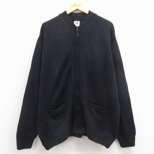 XL★古着 長袖 フルジップ ニット カーディガン メンズ 00年代 00s 大きいサイズ 黒 25dec29