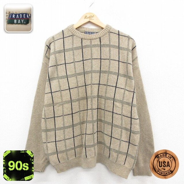 【50%OFF】90s 長袖セーター チェック ベージュ XL | 古着