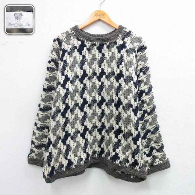 【50%OFF】長袖 セーター 手織り ハンドメイド ウール クルーネック エクアドル製 グレー他 メンズL相当 | 古着