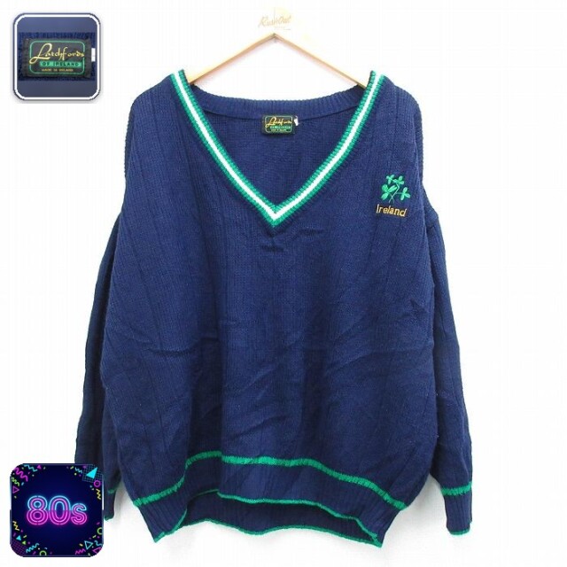 アイルランド製 80s 長袖セーター クローバー ネイビー XL | 古着