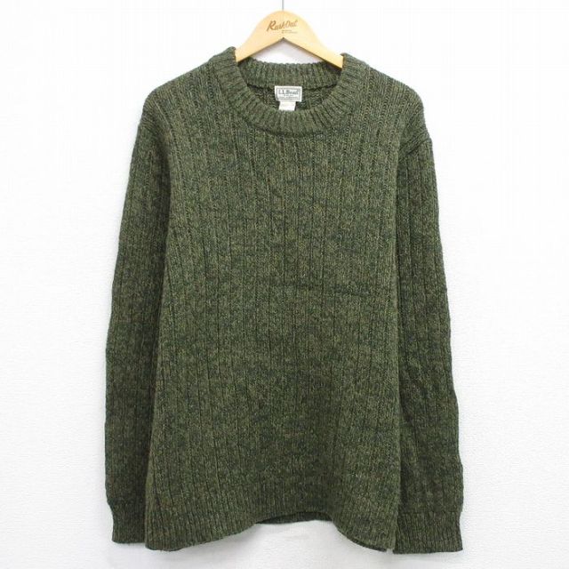 XL★古着 エルエルビーン 長袖 セーター メンズ 00年代 00s 無地 ラムウール クルーネック 濃緑 25dec22
