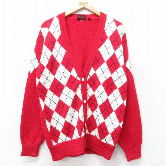 M★古着 ラルフローレン チャップス 長袖 ブランド ニット カーディガン メンズ 80年代 80s アーガイル ウール 赤他 25dec23
