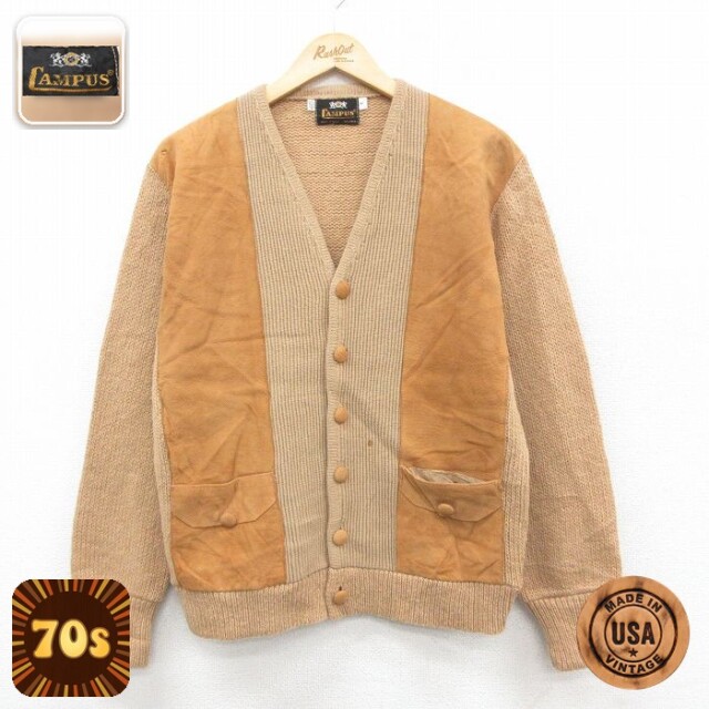 【50%OFF】キャンパス 70s 長袖カーディガン スエード使用 ベージュ M | 古着