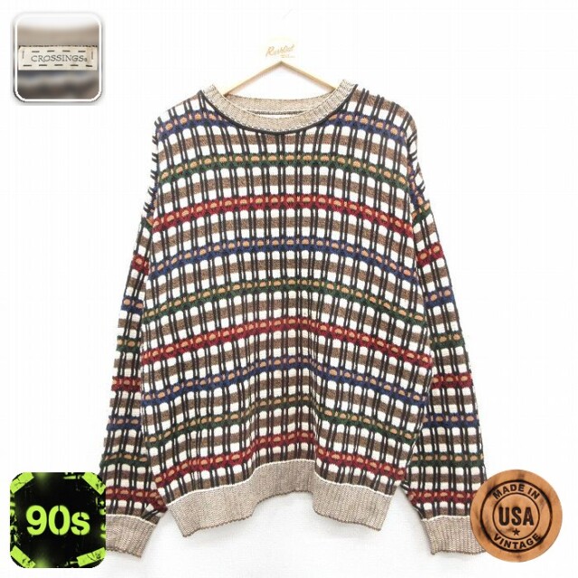 【50%OFF】90s 長袖セーター 総柄 ブラウン XL | 古着