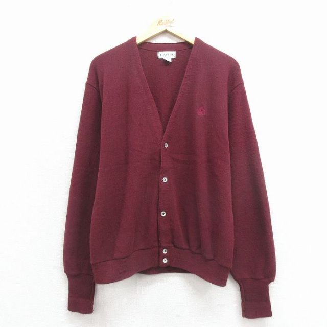 L★古着 IZOD 長袖 ニット カーディガン メンズ 90年代 90s ワンポイントロゴ アクリル USA製 エンジ 25dec24