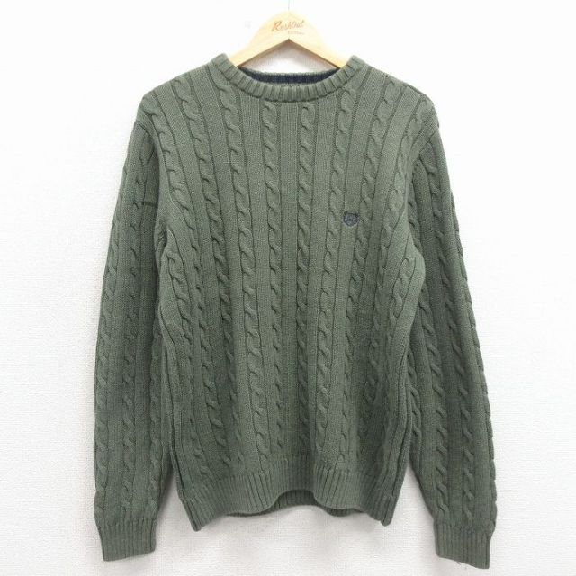 M★古着 チャップス 長袖 ケーブル セーター メンズ 90年代 90s ワンポイントロゴ コットン クルーネック 緑 25dec25