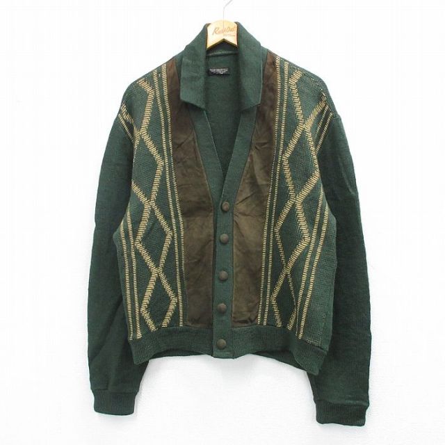 L★古着 長袖 ニット カーディガン メンズ 70年代 70s 襟付き スエード使用 ウール USA製 緑他 25dec25
