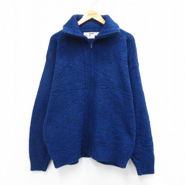 L★古着 ロンドンフォグ 長袖 フルジップ ニット カーディガン メンズ 90年代 90s 総柄 アクリル USA製 青 25dec25