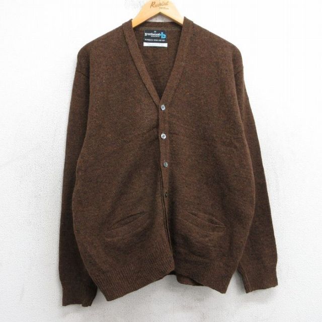 M★古着 長袖 ニット カーディガン メンズ 90年代 90s 無地 ラムウール 茶 25dec26