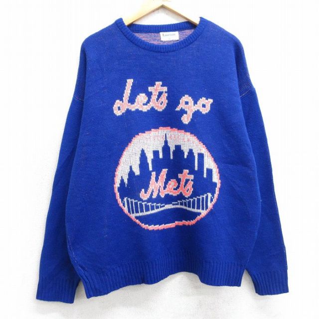 L★古着 長袖 セーター メンズ 80年代 80s MLB ニューヨークメッツ クルーネック USA製 青 メジャーリーグ ベースボール 野球 25dec26