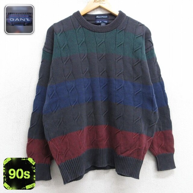 【50%OFF】GANT 長袖 ケーブル セーター 90s 手織り コットン クルーネック 紺系他 メンズM相当 | 古着