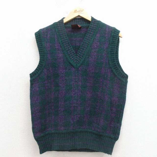 M★古着 ラルフローレン チャップス ブランド ニット ベスト メンズ 80年代 80s シェットランドウール Vネック 緑 チェック 25dec26