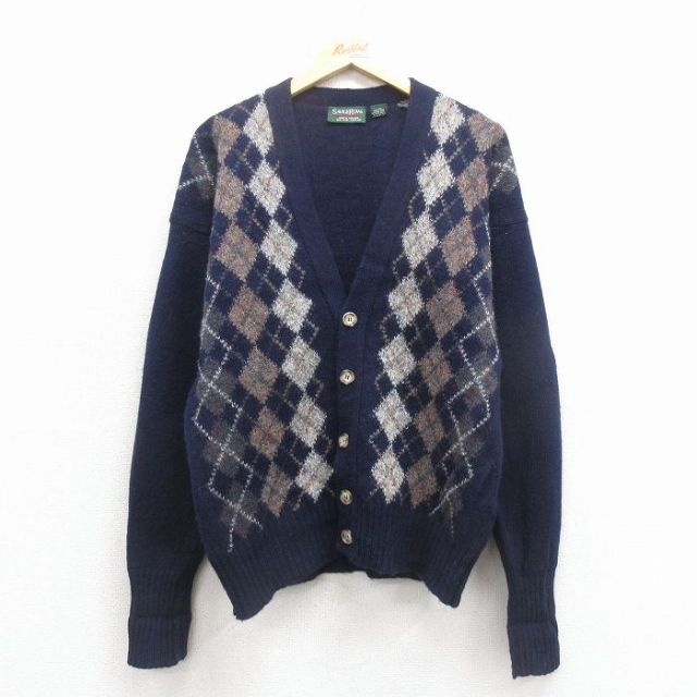 【20%OFF】シェットランド 90s 長袖カーディガン アーガイル ネイビー L | 古着