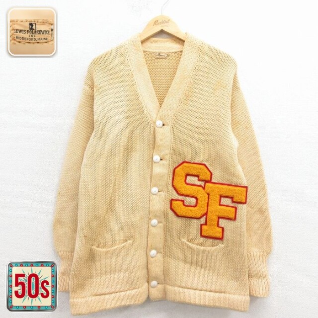 50s レタードニットカーディガン SF 生成り ベージュ M | 古着