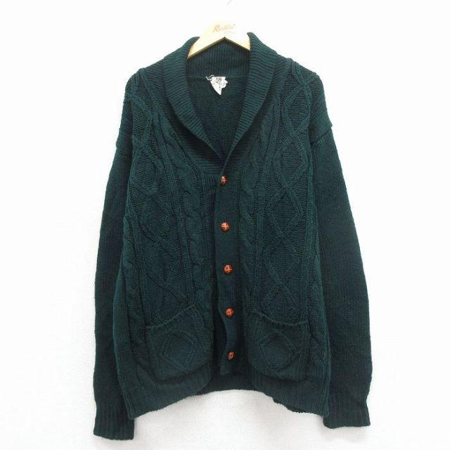 XL★古着 ケニントン 長袖 ケーブル ニット カーディガン メンズ 70年代 70s ショールカラー アクリル 緑 25dec27