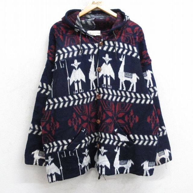 XL★古着 長袖 ニット カーディガン パーカー メンズ アルパカ 雪柄 手織りハンドメイド ウール 紺他 25dec27