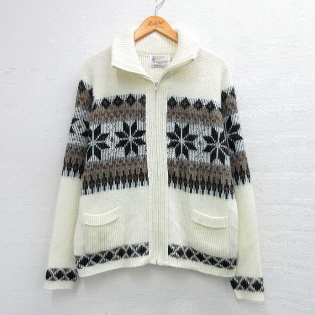 L★古着 ロンドンフォグ 長袖 フルジップ ニット カーディガン メンズ 90年代 90s 雪柄 ラグラン アクリル USA製 白他 25dec27
