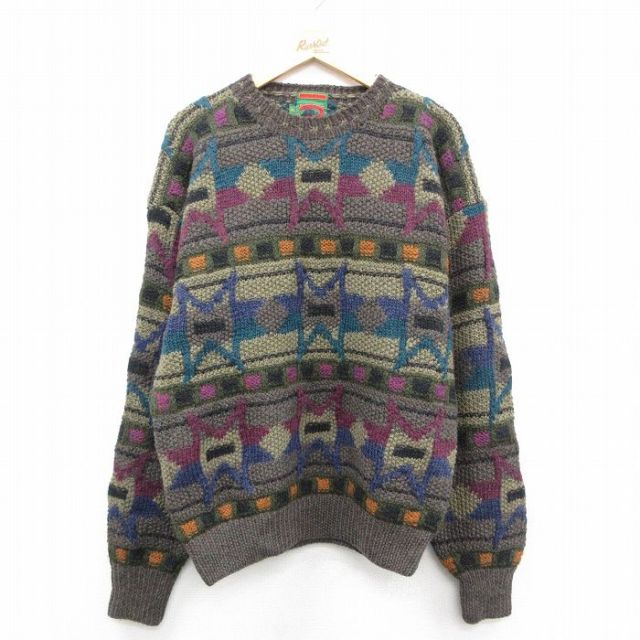 XL★古着 ボンストントレーダーズ 長袖 セーター メンズ 90年代 90s ネイティブ柄 ラグ柄 手編み ハンドニット ウール クルーネック 濃緑他【spe】 25dec27