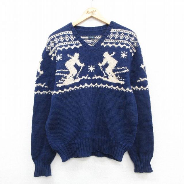 M★古着 ラルフローレン 長袖 ブランド セーター メンズ 90年代 90s スキー ウール Vネック 紺他【spe】 25dec27