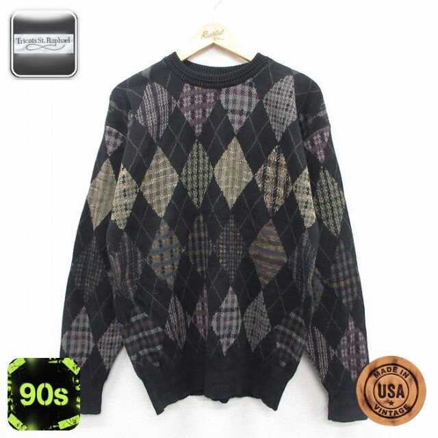 【50%OFF】90s 長袖セーター 総柄 ブラック M | 古着