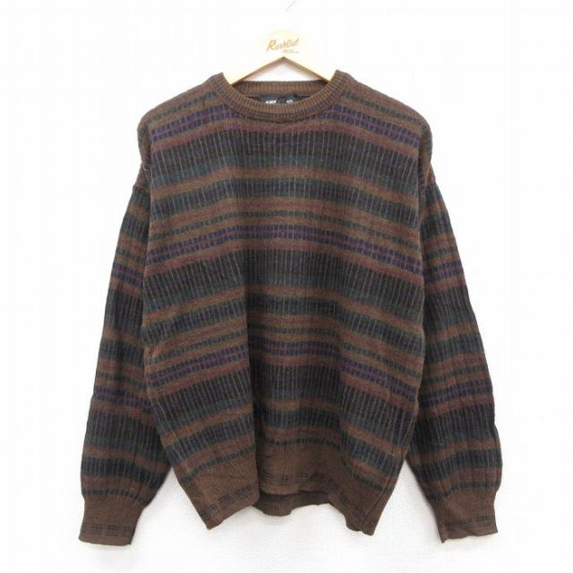 L★古着 長袖 セーター メンズ 90年代 90s ウール クルーネック イタリア製 茶他 ボーダー 25dec29