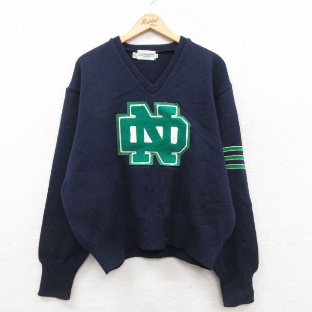 XL★古着 長袖 セーター メンズ 90年代 90s ノートルダム ウール Vネック 紺 25dec29