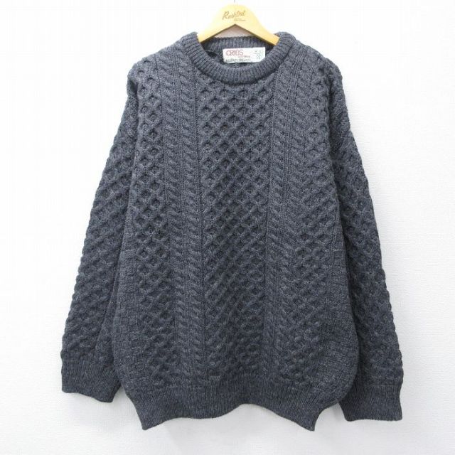 XL★古着 長袖 アラン フィッシャーマン ケーブル セーター メンズ 90年代 90s ウール アイルランド製 濃グレー【spe】 26jan05